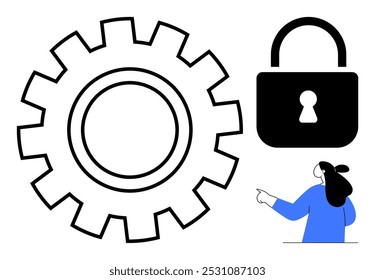 Símbolo de engrenagem grande ao lado de um ícone de cadeado e de uma pessoa apontando. Ideal para temas de segurança cibernética, tecnologia, engenharia, privacidade e segurança. Estilo minimalista e arrojado