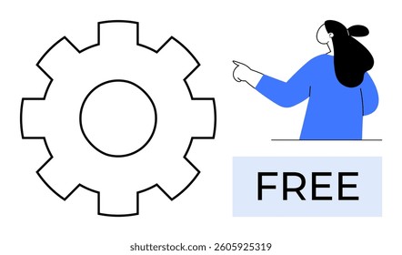 A large gear symbol is on the left, while a person in blue is pointing to a Free sign on the right. Ideal for technology, software, promotion, marketing, education. Modern minimalist style