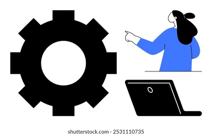 A large gear symbol, pointing figure, and laptop hint at themes of technology, operations, work efficiency, and communication. Ideal for business, technology, teamwork, operations, digital