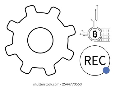 Grande engrenagem simboliza tecnologia e mecânica. O símbolo Bitcoin conectado ao circuito representa criptomoeda. Botão REC significa gravação ou captura de dados. Ideal para conceitos como tecnologia