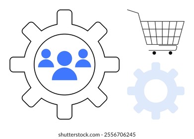 A large gear with a team of three blue silhouettes inside it symbolizes teamwork. Adjacent are a shopping cart and a smaller, lighter gear. Ideal for business teamwork collaboration e-commerce