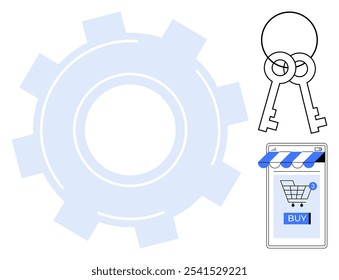 Large gear, two keys, and a smartphone with a shopping cart symbol and Buy button. Ideal for technology, e-commerce, online shopping, security, digital tools, business operations