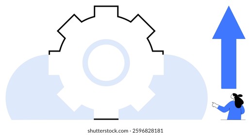 Large gear with upward blue arrow on the right and person pointing. Ideal for technology, productivity, growth, development, innovation. Minimalist style featuring clean lines and simple shapes