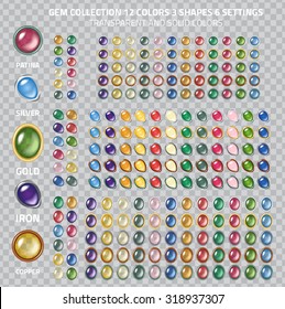 Large gems icons collection - set of 250 gem and glass buttons, different shapes, settings and transparency collection
