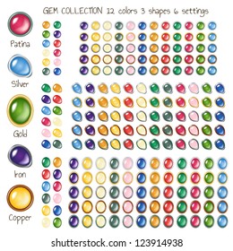 Large gems icons collection - various shapes, settings, colors