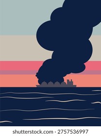 Large general cargo ship for crude oil logistic the explosion and had a lot of smoke at sea. A disastrous environmental catastrophe scene.