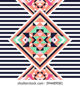 Large geometric navajo, aztec, mayan, tribal, ethnic inspired element on striped background. Seamless pattern in coral and navy colors.
