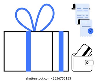 Large gift box with a blue ribbon alongside a wallet containing credit cards and a document with a checkmark. Ideal for themes such as shopping, finance, gifting, online transactions, and budgeting