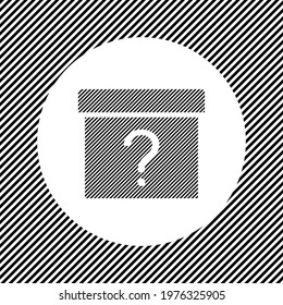 A large gift box with a question symbol in the center as a hatch of black lines on a white circle. Interlaced effect. Seamless pattern with striped black and white diagonal slanted lines