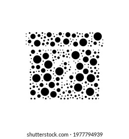 A large gift box with a question symbol in the center made in pointillism style. The center symbol is filled with black circles of various sizes. Vector illustration on white background