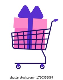 Large gift box in the shopping cart. Choosing and buying a gift concept. Isolated objects on a white background. Flat design. Vector illustration.