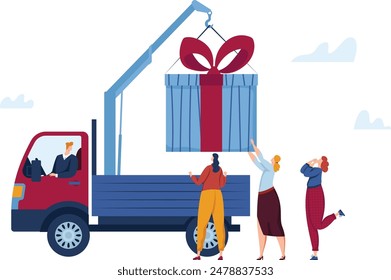 Large gift delivery concept crane lifting huge present red ribbon blue wrapping. Driver operating truck women excited big surprise outdoors. Celebration event special delivery oversized box blue red