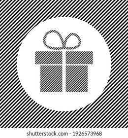 A large gift symbol in the center as a hatch of black lines on a white circle. Interlaced effect. Seamless pattern with striped black and white diagonal slanted lines