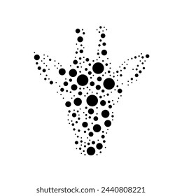 Ein großes Giraffenkopfsymbol im Zentrum im Pointillismus-Stil. Das Mittelsymbol ist mit schwarzen Kreisen in verschiedenen Größen gefüllt. Vektorgrafik auf weißem Hintergrund