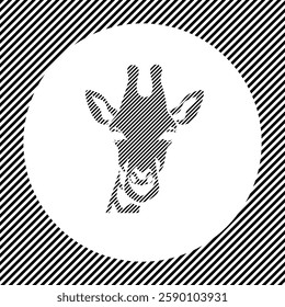 A large giraffe head symbol in the center as a hatch of black lines on a white circle. Interlaced effect. Seamless pattern with striped black and white diagonal slanted lines