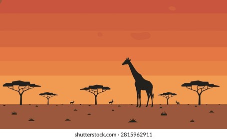 Large giraffe standing in a vast savanna plain with scattered acacia trees and grazing gazelles under a vibrant sunset sky.