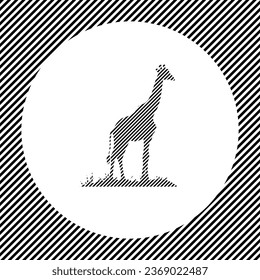 A large giraffe symbol in the center as a hatch of black lines on a white circle. Interlaced effect. Seamless pattern with striped black and white diagonal slanted lines