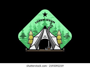 Large glamping tent with heater and chimney between two pine trees illustration design