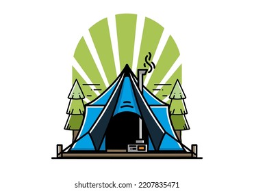 Large glamping tent with heater and chimney between two pine trees illustration design