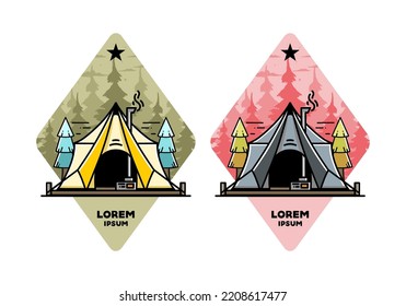 Large glamping tent with heater and chimney between two pine trees illustration design