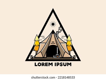 Large glamping tent with heater and chimney between two pine trees illustration design