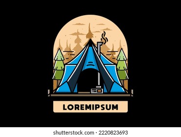 Large glamping tent with heater and chimney between two pine trees illustration design