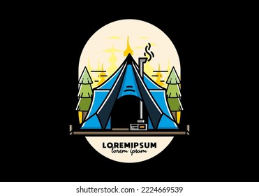 Large glamping tent with heater and chimney between two pine trees illustration design