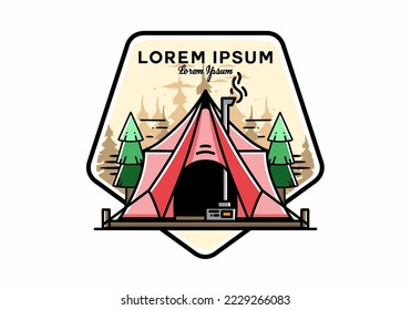 Large glamping tent with heater and chimney between two pine trees illustration design