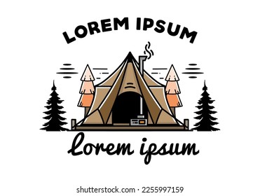 Large glamping tent with heater and chimney between two pine trees illustration design