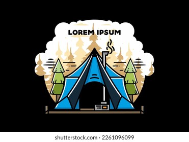 Large glamping tent with heater and chimney between two pine trees illustration design