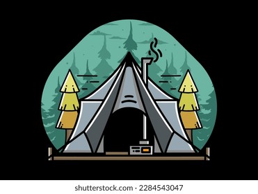 Large glamping tent with heater and chimney between two pine trees illustration design