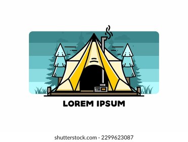 Large glamping tent with heater and chimney between two pine trees illustration design