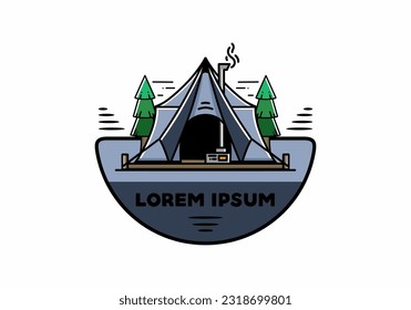 Large glamping tent with heater and chimney between two pine trees illustration design