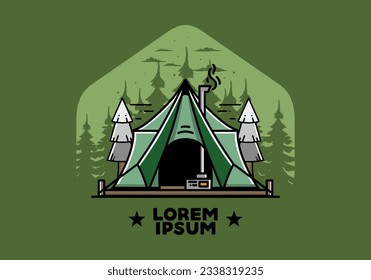 Large glamping tent with heater and chimney between two pine trees illustration design