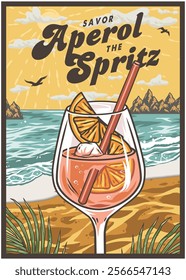 Large glass of aperol spritz cocktail with ice and orange slices on a sandy beach with ocean waves, palm leaves, and a picturesque sunset in the background evoking a sense of summer vacation