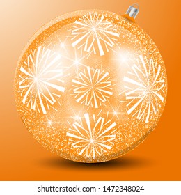 A large glass ball with a pattern of large snowflakes, a snowstorm, bright highlights and stars. Realistic vector image of a christmas ball to create a festive new year design.