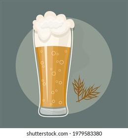 A large glass of beer. Light beer with lush foam in glass isolated. Vector illustration with ears of wheat. Banner. Cartoon flat style close-up on gray background.