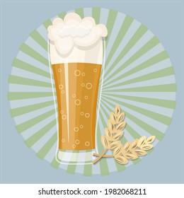 Large glass of beer. Vintage beer poster, glass with lush foam and bubbles. Pop art retro vector. Alcoholic drink in the pub. Realistic illustration with ears of wheat on a blue background.