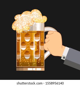 A large glass with foamy beer in a male hand. Flat, isolate on a dark background. Vector illustration