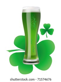 a large glass of green beer with clover leaf on white background