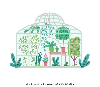 Large glass greenhouse with fruit trees, flowers and potted plants. Cozy home gardening concept. Botanical orangery with greenery. Vector illustration isolated on white background.