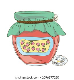 Large glass jar with strawberry jam. Vector drawing