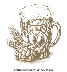 Large glass mug of beer, hops and ears of wheat. Hand drawn vector illustration. Drawing for pub or restaurant menu