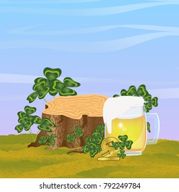 A large glass mug of light Irish beer. Stump in thickets of clover. St.Patrick's Day. Vector landscape