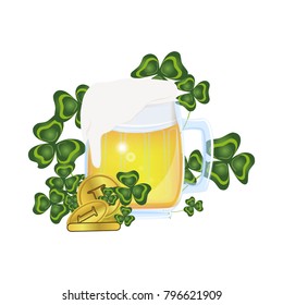 A large glass mug with a light Irish beer, a pile of gold coins. Thickets of clover. St.Patrick 's Day. Vector object, isolated on white background.