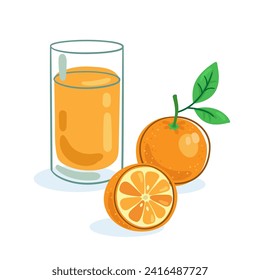 A large glass of orange juice and a fresh orange. Picture in line style. Dark outline with colored spots. Isolated on white background. Vector flat illustration.