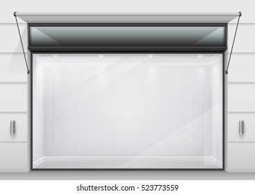 The large glass storefront or shopping center in a modern design. Vector graphics. Transparent glass