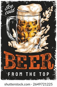 A large glass tankard filled with ice-cold beer frothy foam spilling over the rim. The image evokes a sense of relaxation and enjoyment perfect for social gatherings.