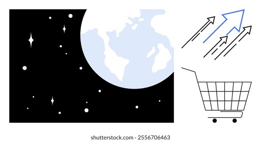 Large globe adjacent to shopping cart and upward-pointing arrows. Ideal for global trade, e-commerce growth, market expansion, online shopping, and international business themes. Simple flat vector