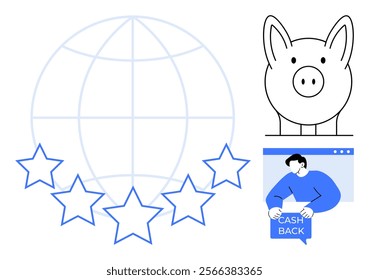 Large globe and five stars symbolizing global ratings. Piggy bank signifies savings and a person with a cashback coupon. Ideal for savings, marketing, e-commerce, finance, customer rewards. Simple